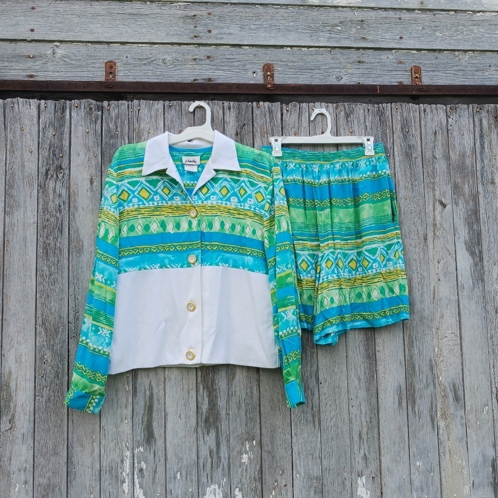 Vtg Jo Hardin Abstract Short Set Button Down top Blue/white Womens Sz 14 (M) 80s